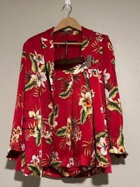 Zara Red Floral Blazer Jacket And Shorts Set